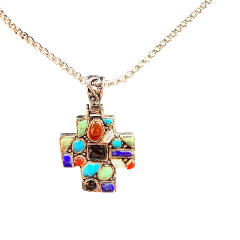 925 Sterling Silver Multi Stone Cross Pendant Thailand Boho Artisan